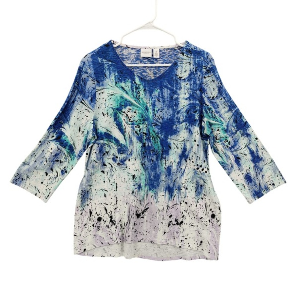 Chicos Women Artsy Abstract Paint Splatter VNeck 3/4 Sleeve Top 2 L Shirt Blue